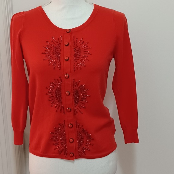Anthropologie Sweaters - Anthropologie HWR Monogram Womens Sz S Red Beaded Cardigan Sweater Christmas‎